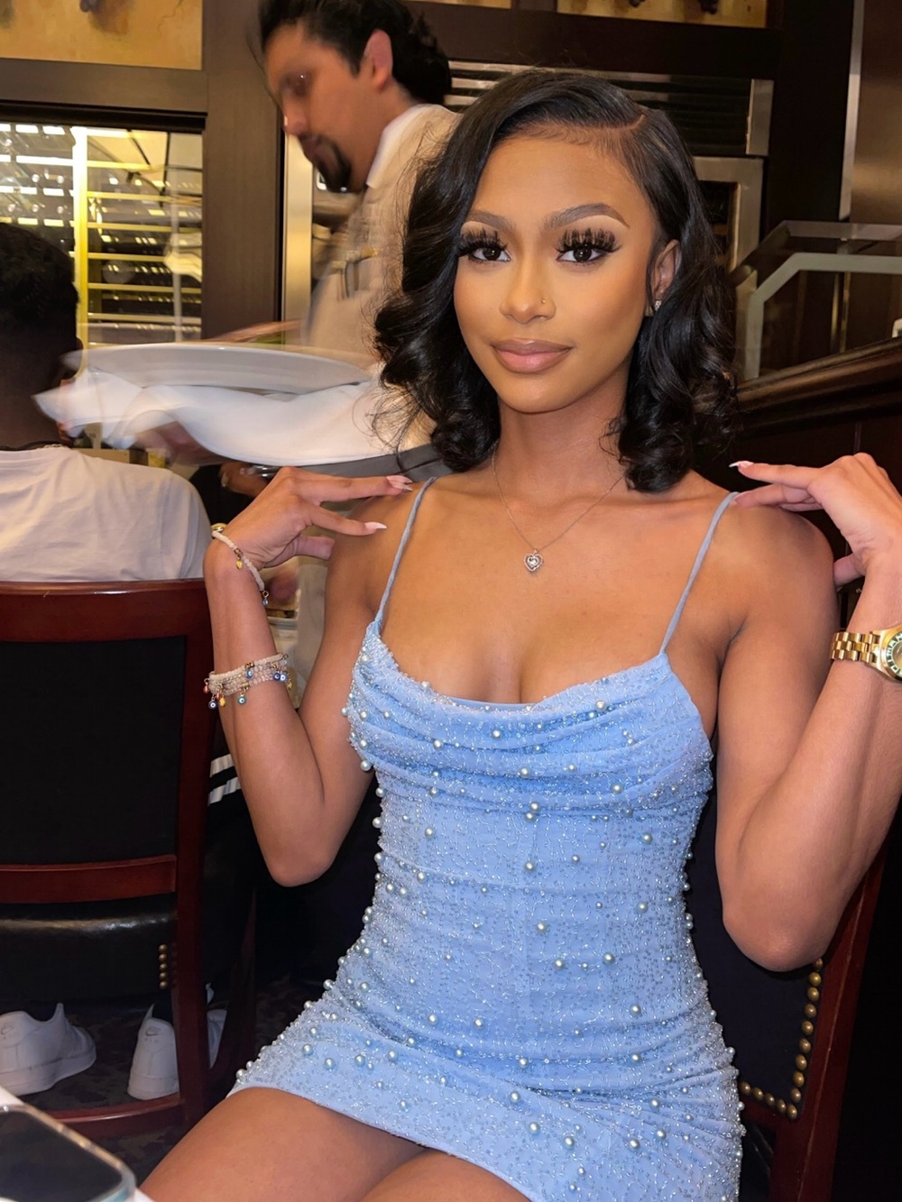 Oh Polly Light Blue Pearl-Embellished Mini Dress - Picture 1 of 2